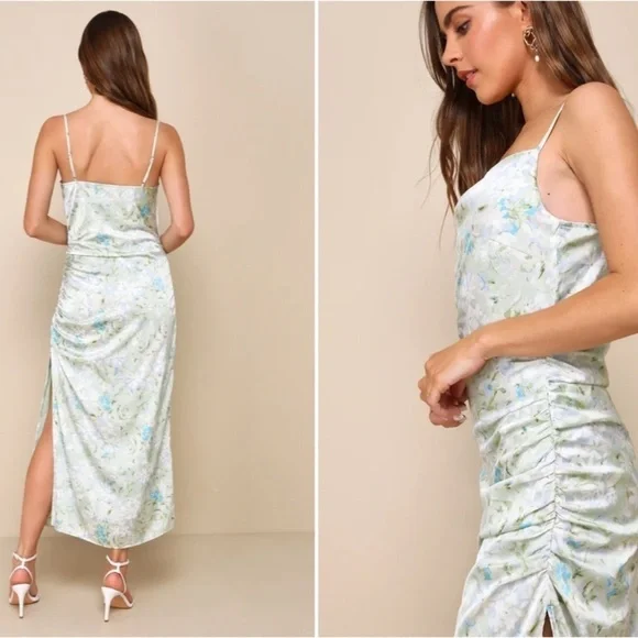 LULUS Floral Sexy Chic Satin Wedding Formal Event Floral Slip Midi Dress